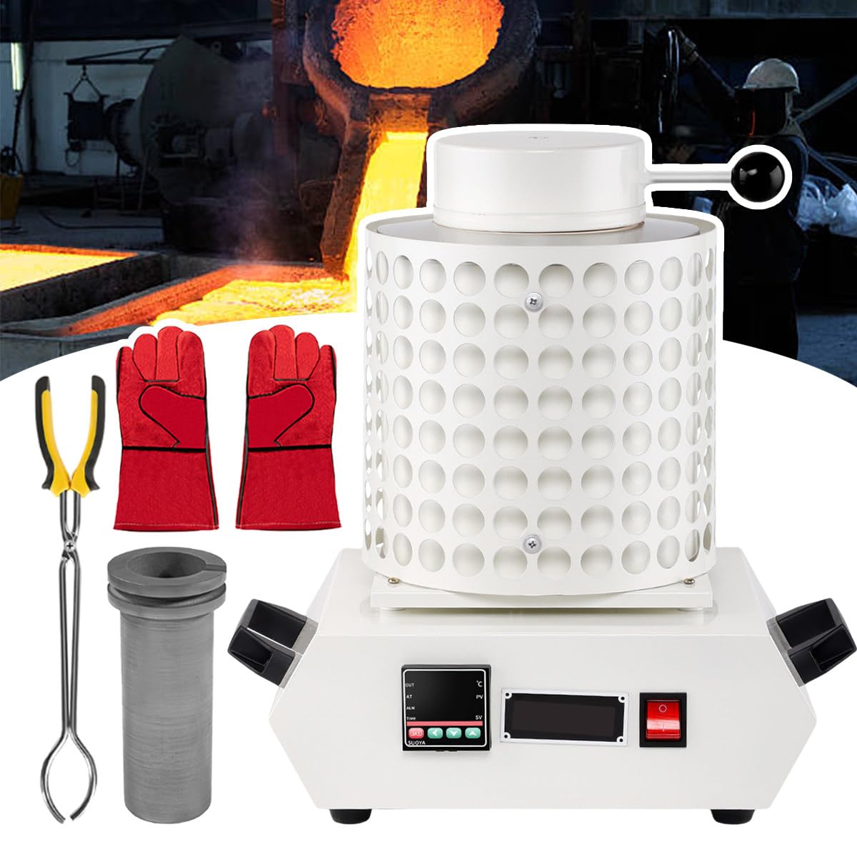 Kit Horno Para Fundir Oro,Pantalla Control Temperatura,Mango Acero Inoxidable,Con Red Aislamiento,Crisol Grafito,Aislamiento Térmico,Guantes,Pinzas Crisol,Fundición Rápida 2102 ℉ White-2kg