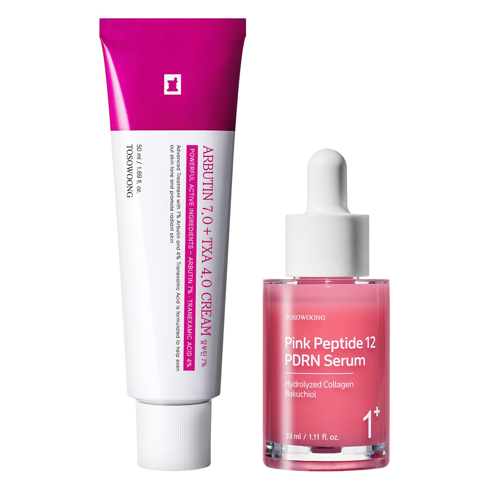 Duo Affinant le Teint K-Beauty TOSOWOONG : Crème Arbutine 7 Acide Tranexamique 4 et Sérum Pink Peptide 12 PDRN | Pour Teint & Texture Inégaux | Set Hydratant et Raffermissant