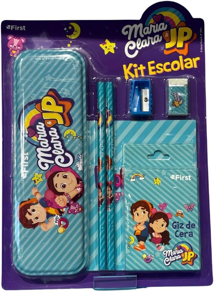 Kit Escolar Maria Clara e JP – Estojo Completo com Lápis, Caderno, Giz de Cera, Borracha e Apontador, Material Escolar Infantil, Azul