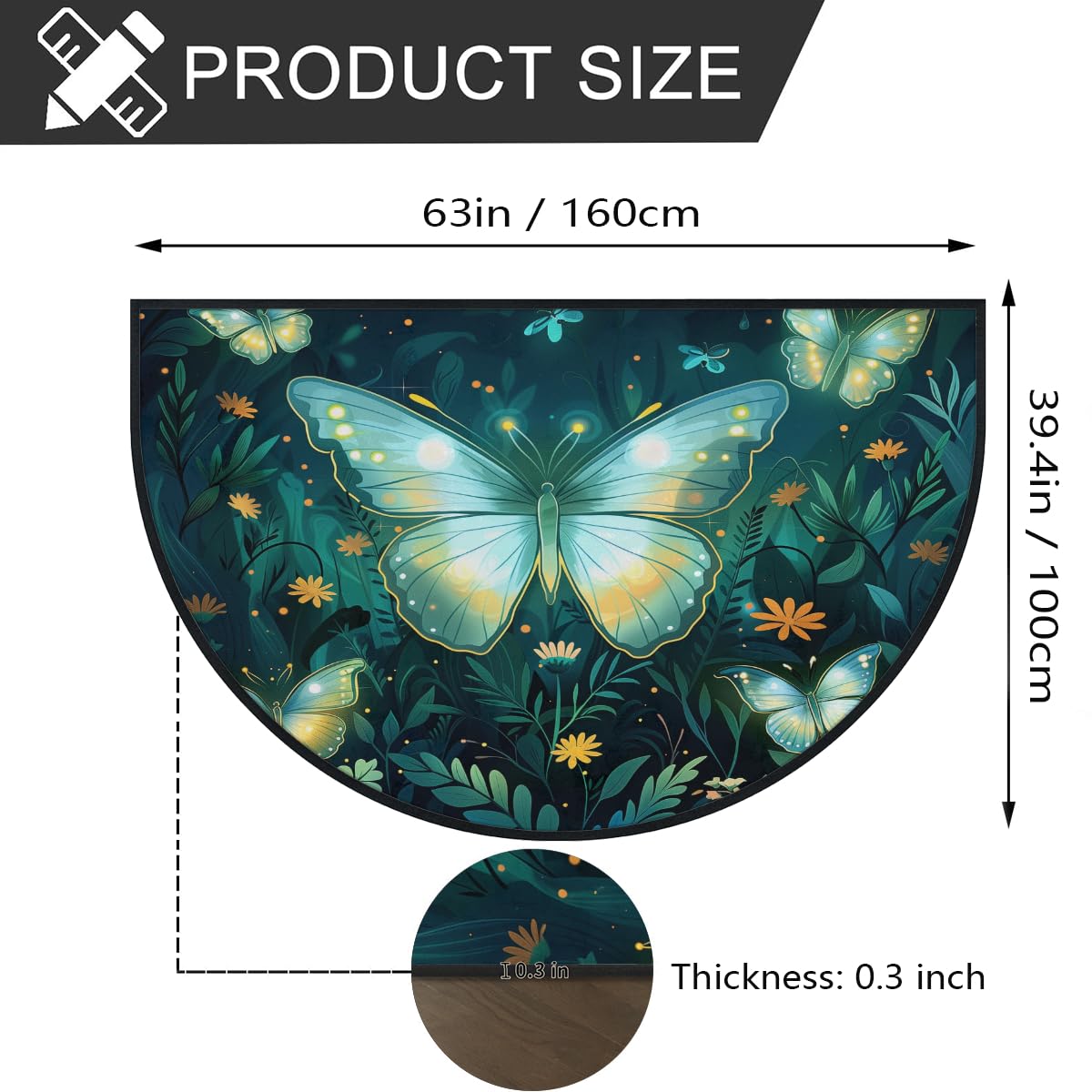 Mexpekil Paillasson demi-rond en forme de demi-lune pour intérieur et extérieur - Lavable - Absorbant la saleté - Motif papillons - 100 x 160 cm