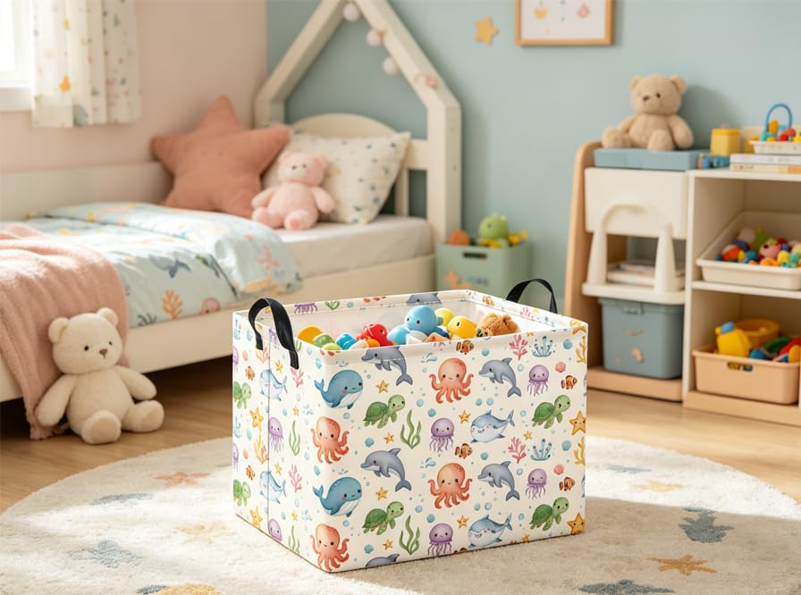 Image of Rectangular Baby Kids Storage Basket for Home Kitchen Girls Cute Toy Storage Bin Organizer Shelf Book Room Decor(Cute Ocean)