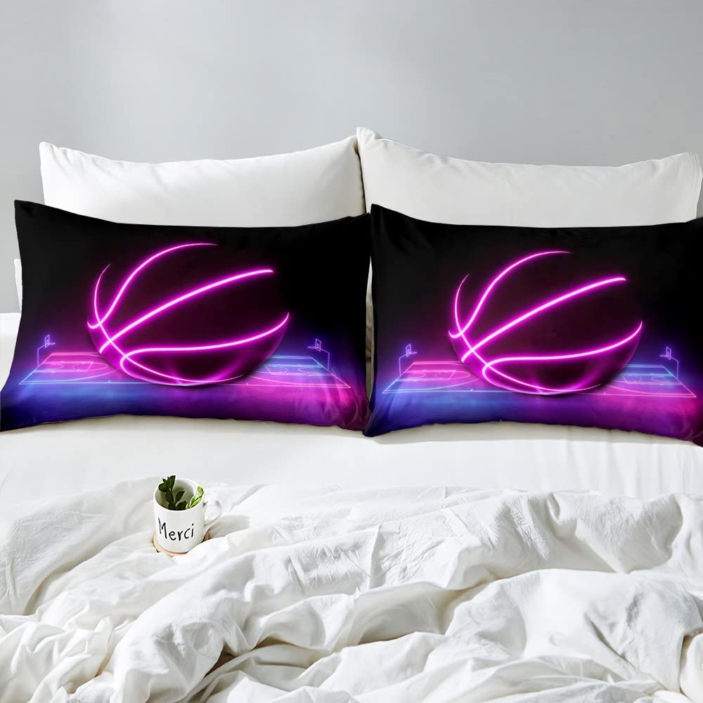 Juego de ropa de cama de baloncesto 140 x 200 para niños y niñas y niños funda nórdica para cancha de baloncesto degradado de neón, juego de ropa de cama de deporte, decoración azul y rosa para el
