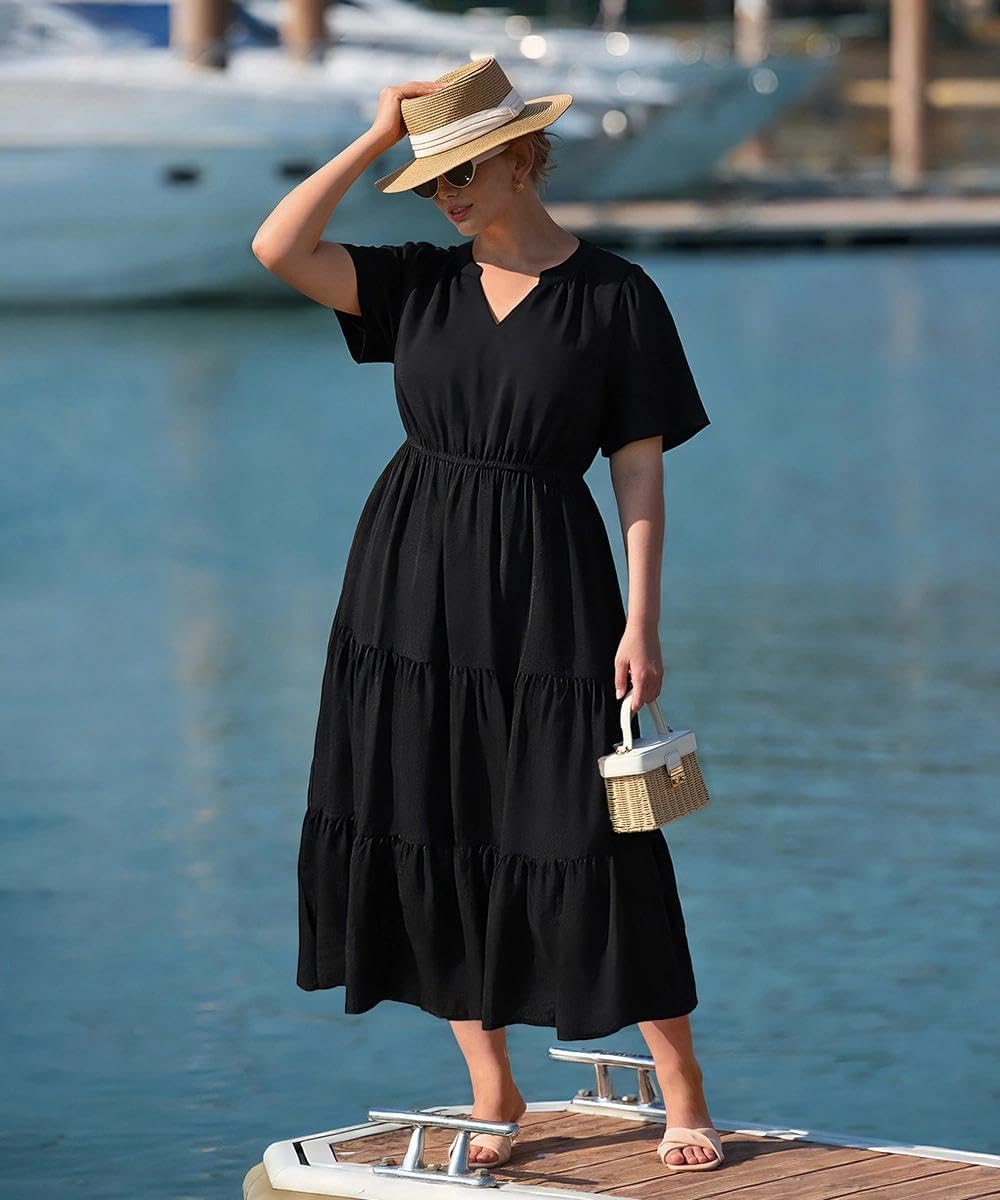 TIYOMI Plus Size Dress for Curvy Women Summer Casual Audrey Hepburn Black Long Dresses Short Sleeve V Neck Pleated Flowy Maxi Dress 2XL 18W 20W - Image 2