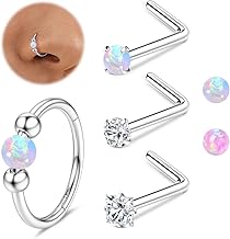 MILACOLATO 4Pcs Nose Ring Hoop Stud Set Hypoallergenic Surgical Steel Opal Spetum Ring Sliver L-Shaped Nose Stud Gold for Women 18G Septum Piercing Jewellery Helix Nostril Conch Hoop Piercing 10MM