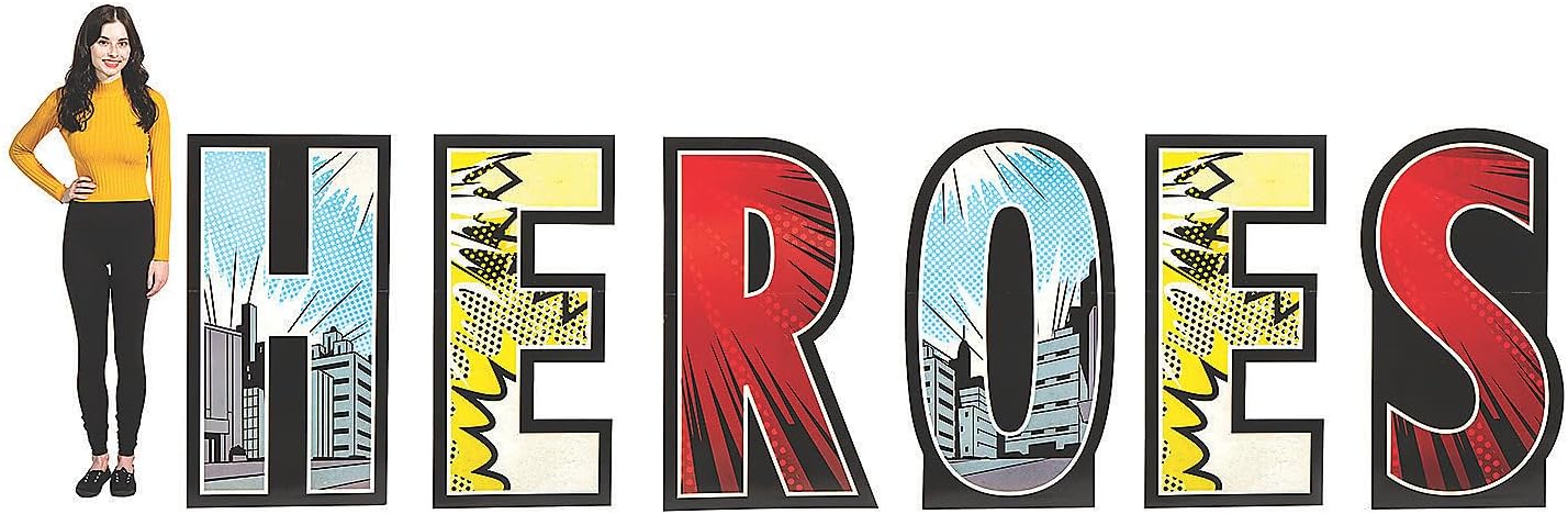 Fun Express 27 inch x 50 inch Heroes Comic Letter Cardboard Cutout Stand-Ups - 6 Piece Set | Perfect for Birthday Party Decorations, Classroom Wall Decor, & Themed Events