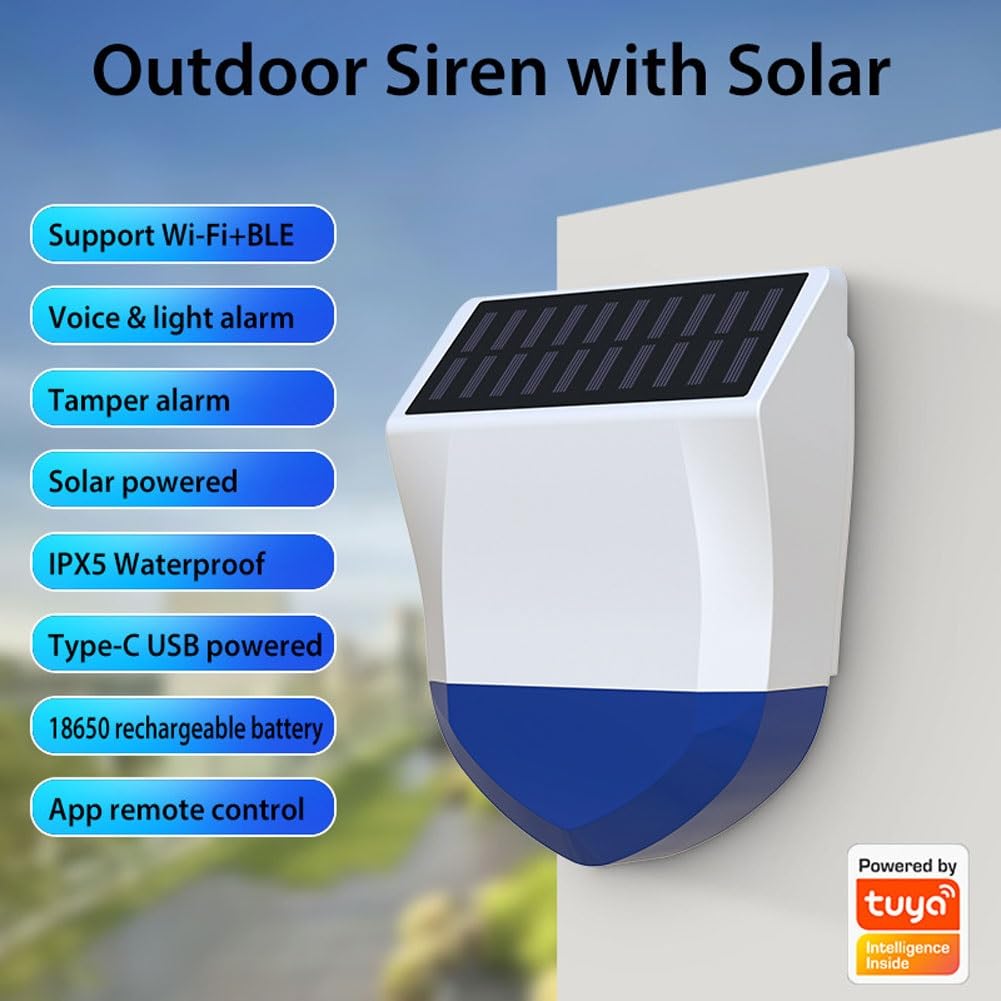 Alarme solaire stroboscopique, extérieur étanche sans fil solaire intelligent WiFi alarme LED lumière stroboscopique détecteur de mouvement, lampe sirène de sécurité for la maison, la ferme, la grange