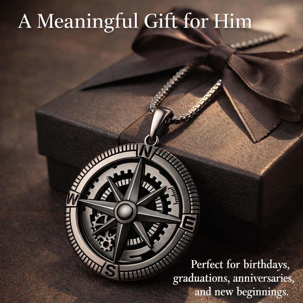 Compass Necklace 925 Sterling Silver Black Gold Compass Necklace for Men Vintage Gear Compass Jewelry Gifts for Men Father Husband Boyfriend - Image 3
