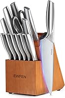 EWFEN 15-Piece German Stainless Steel Knife Set with Block, Built-in Sharpener, Anti-Slip Handles - Dishwasher Safe