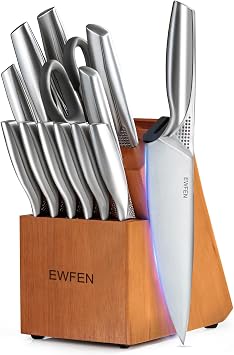 Knife Set, EWFEN 14-Piece Kitchen Knife Set with Block, German Stainless Steel Knives with Built-in Knife Sharpener, Anti-Sli