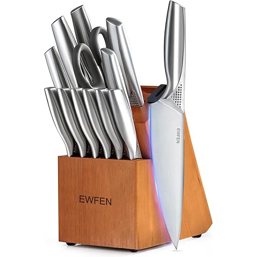 Knife Set, EWFEN 14-Piece Kitchen Knife Set with Block, German Stainless Steel Knives with Built-in Knife Sharpener, Anti-Slip Sharp Knives Set for Kitchen, Dishwasher Safe, Concave-dotted Handle