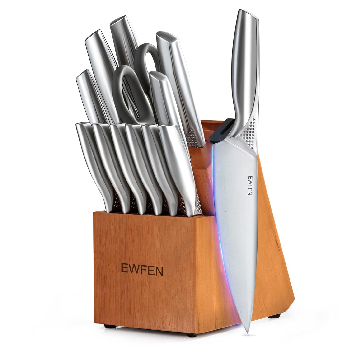 Knife Set EWFEN 14-Piece Kitchen Knife Set with Block German Stainless Steel Knives with Built-in Knife Sharpener Anti-Slip
