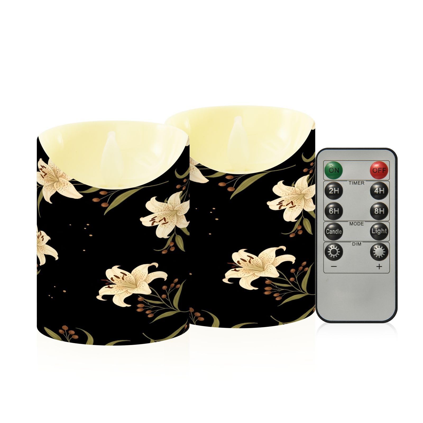 Cgiub Lily Flower Flameless Candles with Timer 2pcs Battery Operated Flickering Flameless LED Pillar Candles for Holiday Home Wedding Fireplace Decor