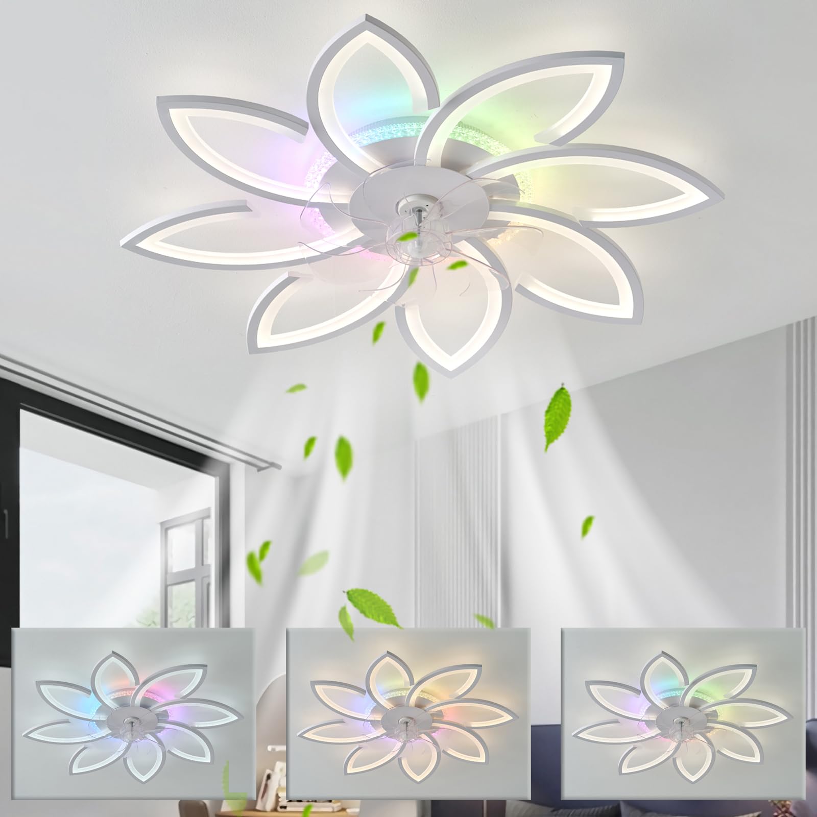 RGB Bluetooth Luces de Ventilador de Techo, LED Regulable Mute Iluminación Moderna con Mando a Distancia Adecuado para Dormitorio Salón Cocina Habitación Infantil Fiesta Blanco -87CM