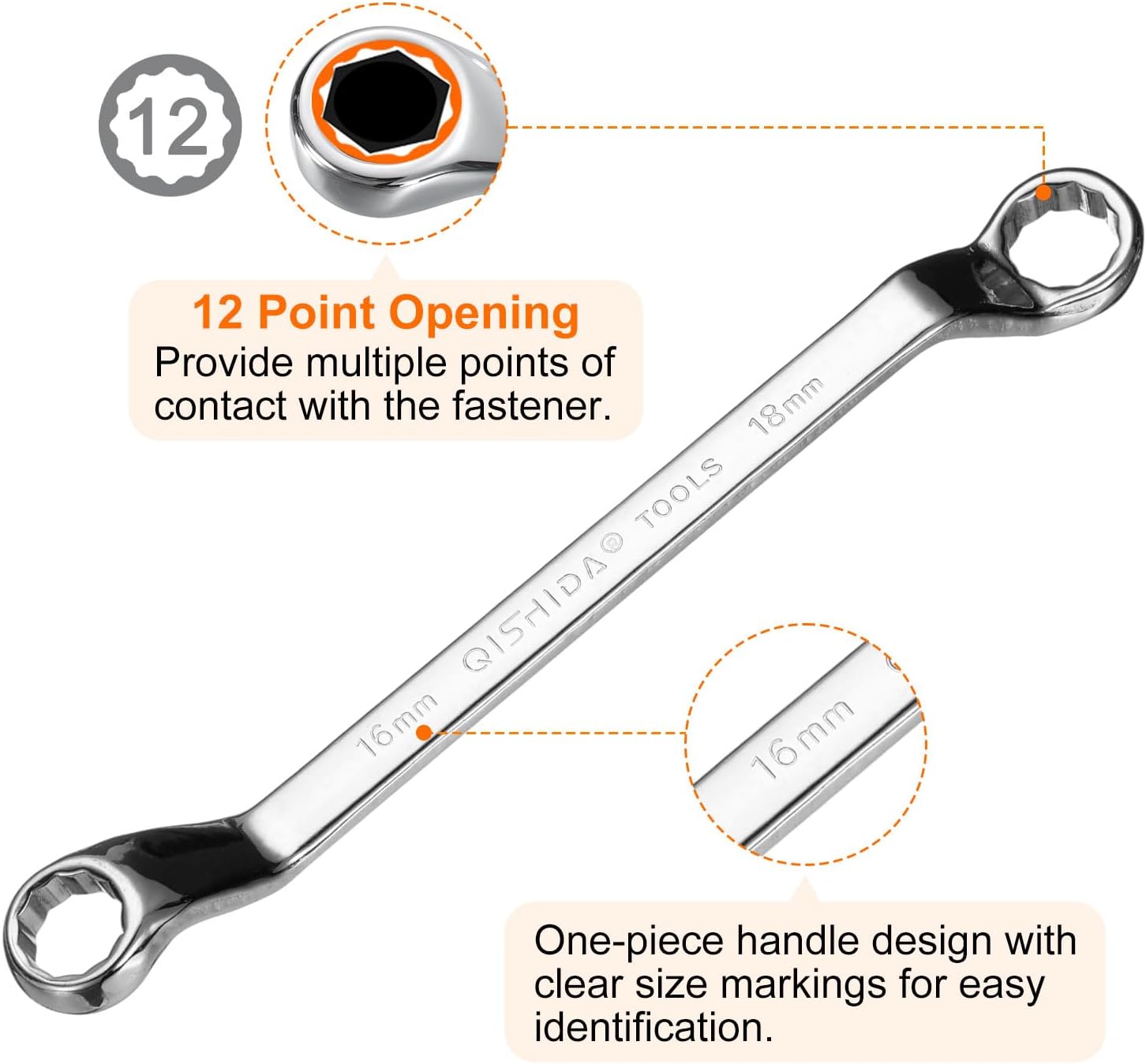 HARFINGTON 2pcs 45 Degree Offset Box End Wrench 16mm x 18mm Metric 12 Point Mirror Chrome Plated Alloy Steel Double Box Wrenches Long Industrial Grade Torx Box Wrench Repair Tool
