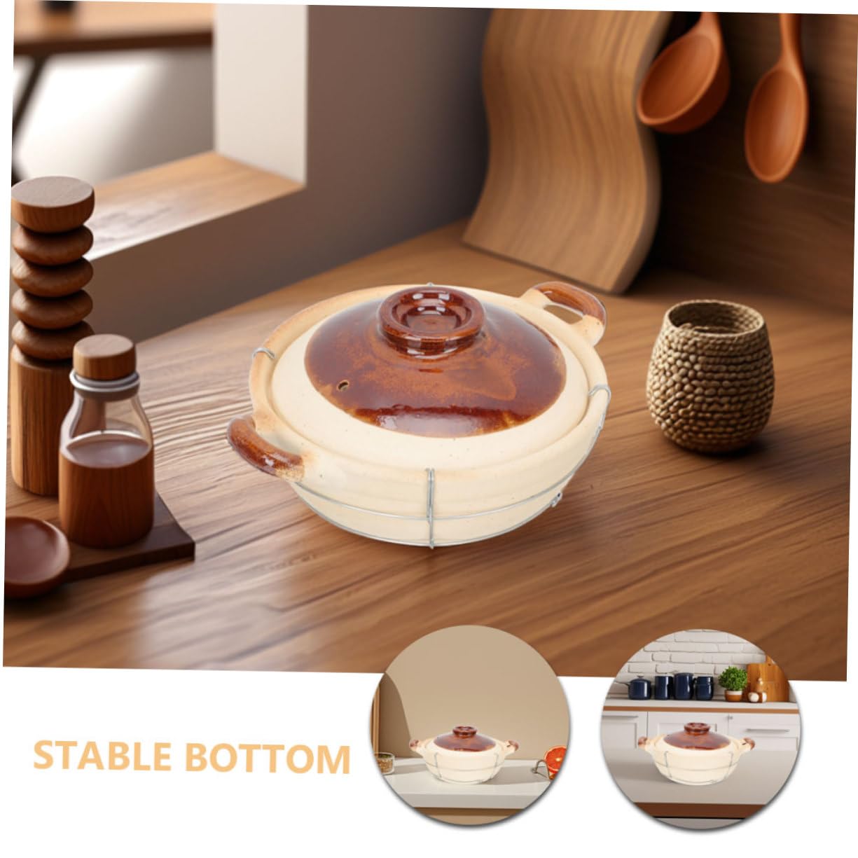 Cazuela de Barro con Asa, 2 Piezas, Beige, para Guisos | Arcilla y Hierro, Resistente a Altas Temperaturas, Diseño Ergonómico del Mango
