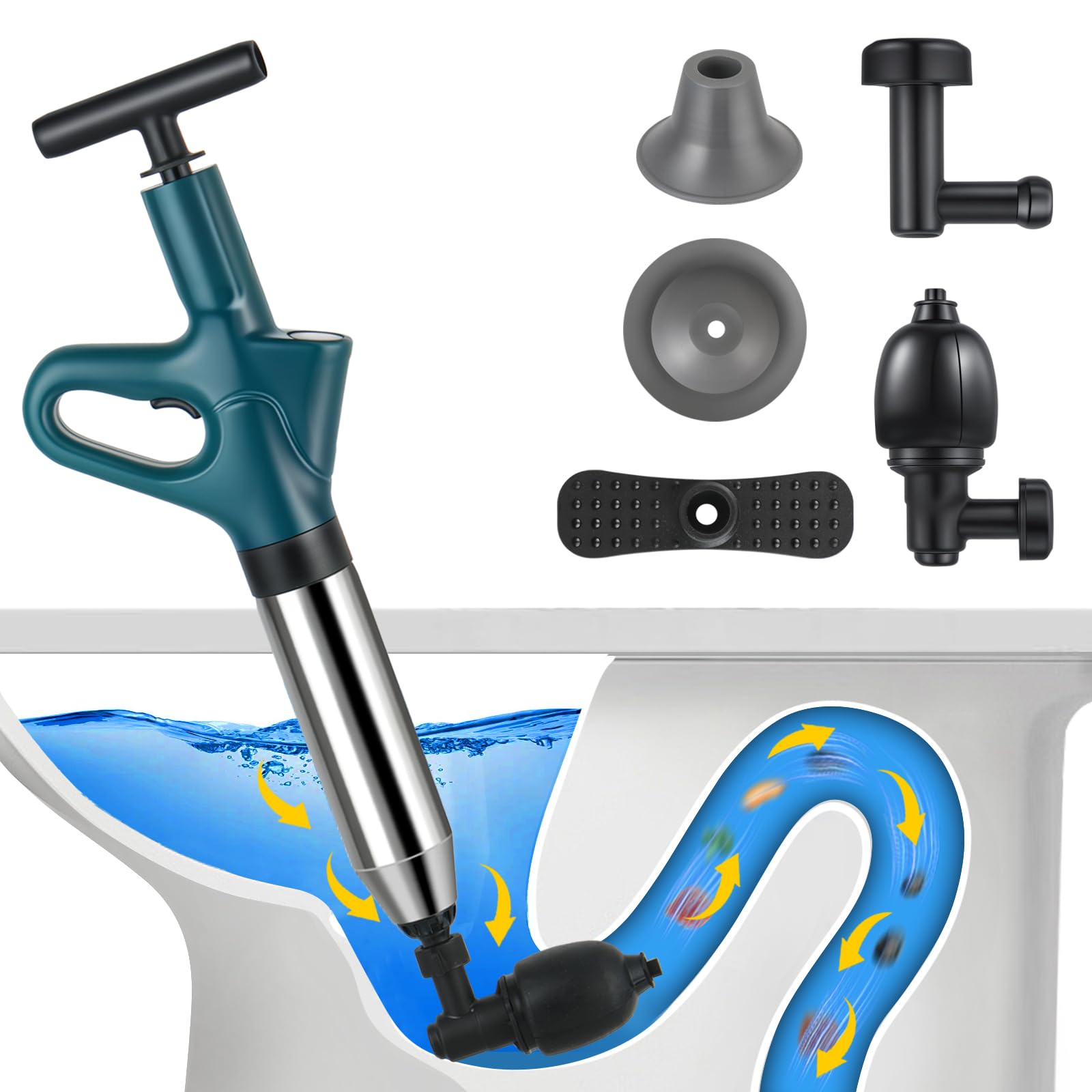 Desatascador WC, Desatascador Tuberias a Presion con barómetro, Desatascador de Inodoro con Cuatro Ventosas Diferentes Adecuado para Cuartos de Baño Inodoros Lavabos (Azul)