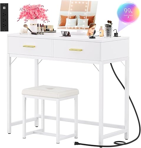 Cyclysio Escritorio de tocador con estación de carga, tocador de maquillaje blanco con espejo iluminado, tres pliegues, juego de tocador pequeño con