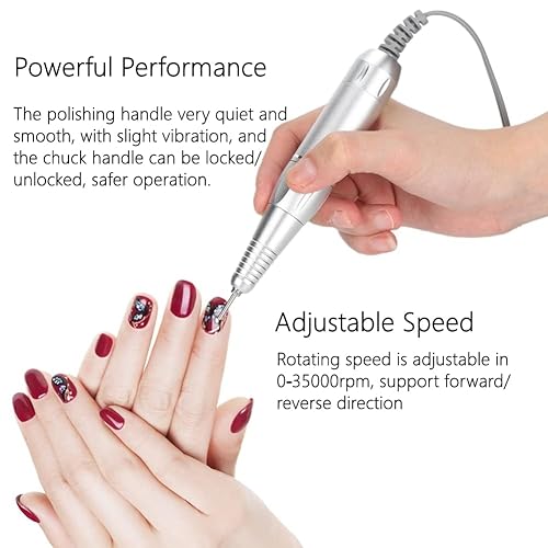 Miniatura 5 de Mango de taladro de uñas, mango de repuesto para máquina de taladro de uñas eléctrico, velocidad giratoria ajustable, 0-35000 RPM, kit de pulido de