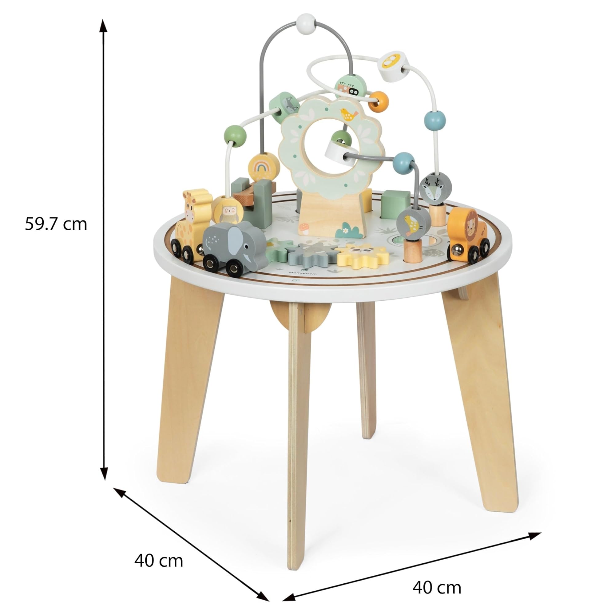 mamabrum Tavolino Educativo in Legno per Bambini con Coda Magnetica, Lanciatore di Perline, Selezionatore di Forme, Animali e Specchio