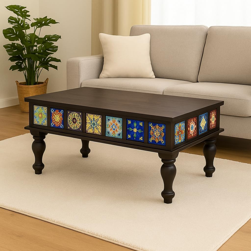 Sheesham Wood Rectangle Center Coffee Table for Living Room | Centre Table for Drawing Room, Office & Home | Multicolor Tiles Design| Walnut Finish