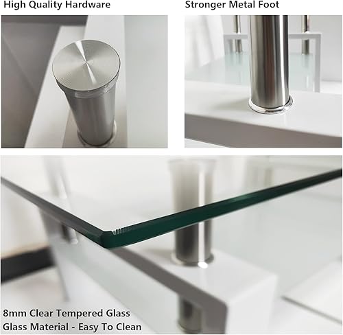 Miniatura 6 de Mesa auxiliar de cristal para sala de estar, mesa de cóctel Mordern blanca de 2 capas para sofá con almacenamiento rectangular de vidrio templado,