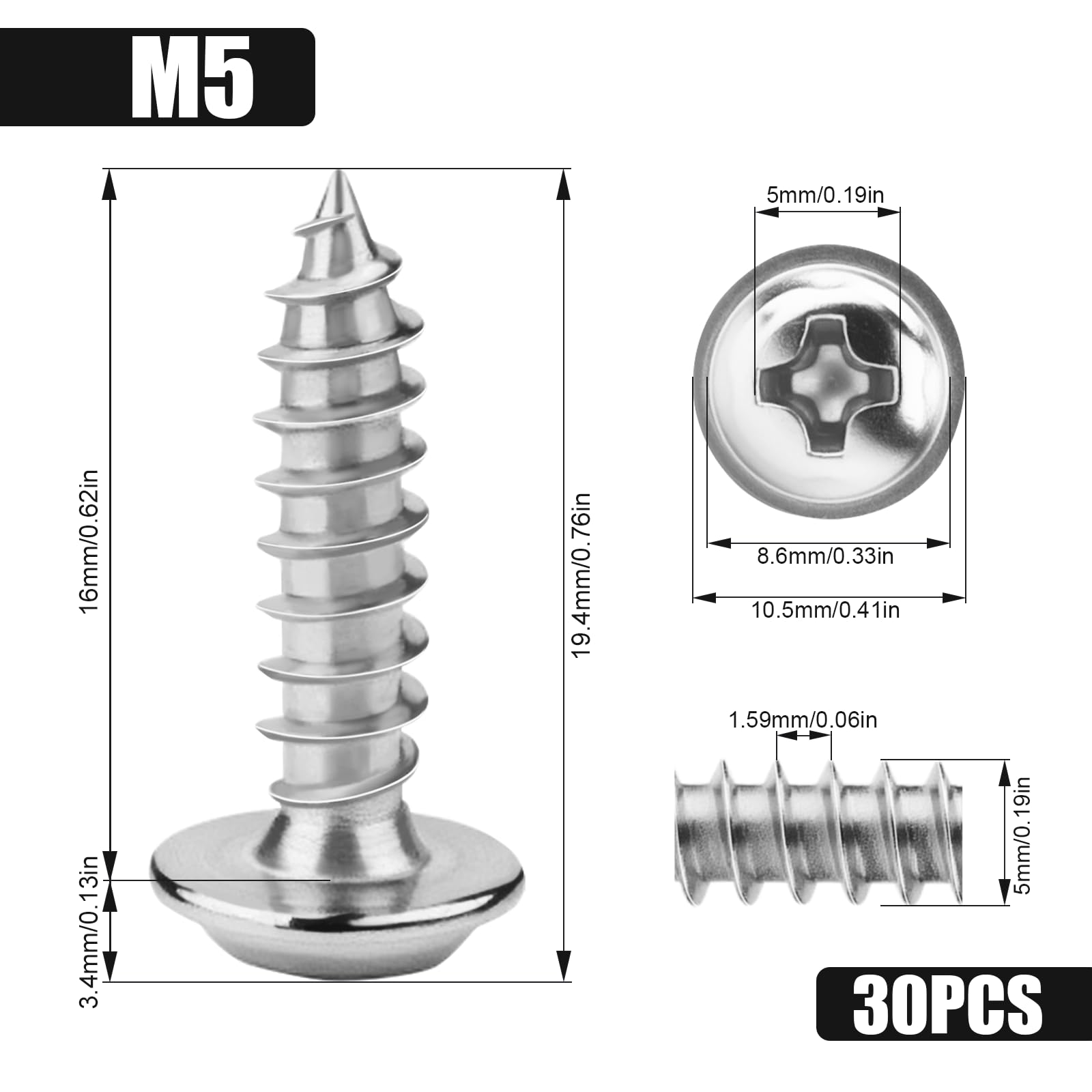 KGGZKG 30 Pcs Pan Head Screws M5x16x10.5mm Phillips Wafer Head 304 Stainless Steel Wood Screws Self Tapping Screws Multi Purpose Round Dome Head with Washer for Construction Hardware Silver - Image 2