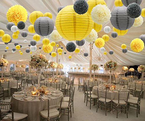 Kaxixi Hanging Party Decorations Set, 15Pcs Yellow Gray White Paper Flowers Pom Poms Balls And Paper Lanterns For Wedding Birthday Bridal Sunshine Baby Shower Graduation #TOP2