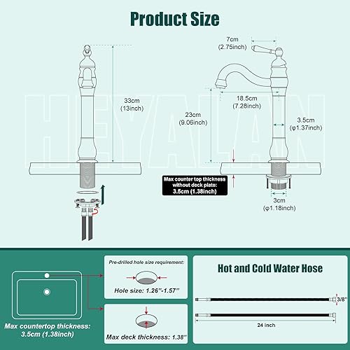 Miniatura 7 de Grifo de lavabo alto para lavabo, grifo de baño de una sola manija, boquilla alta de 1 orificio con material de latón de drenaje, ajustable de 360