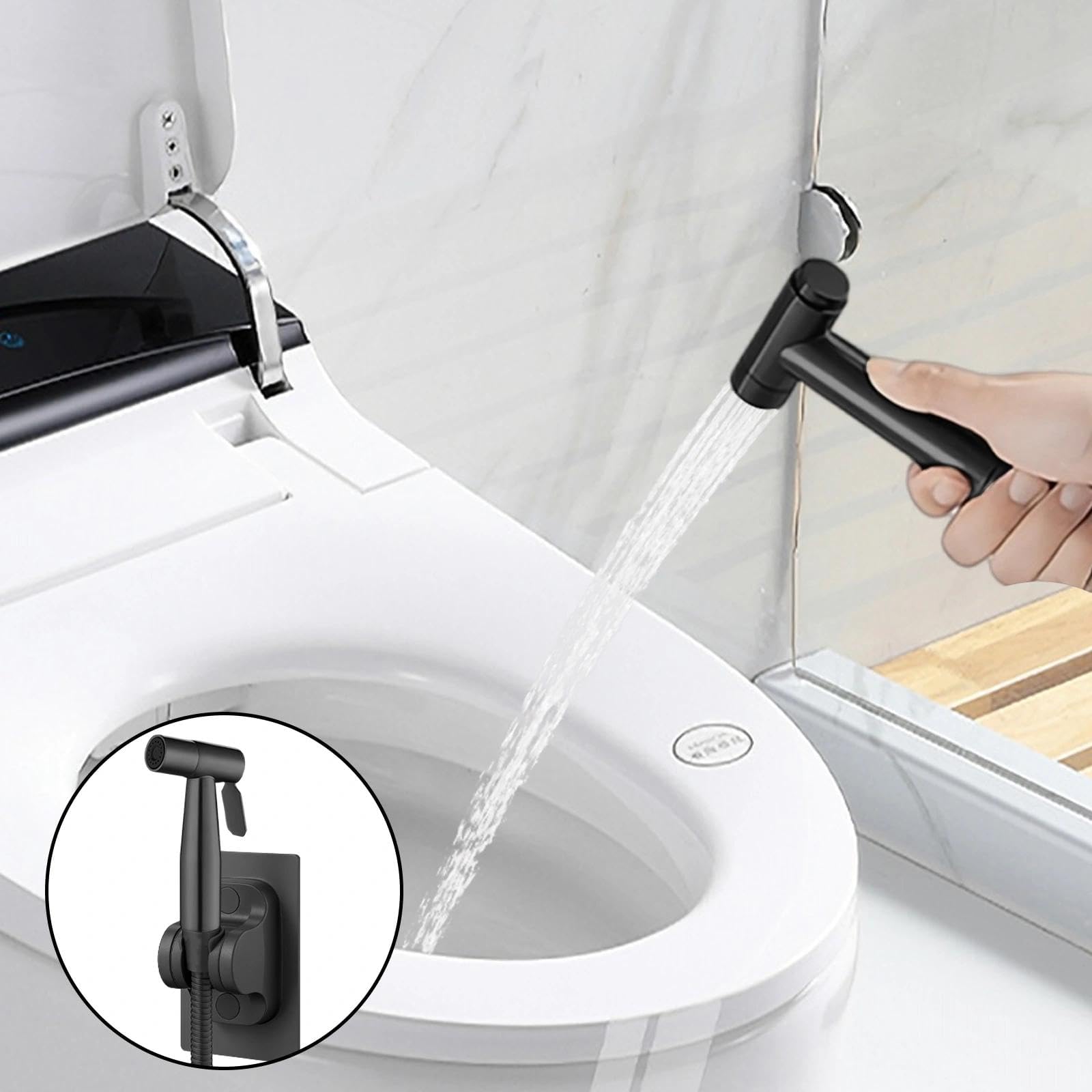 DEANKEJI 1,5 Metros Acero Inoxidable Grifo para WC-Conjunto, Negro Duchas Higienicas para WC con Manguera, Pulverizador de Bidé, Ducha Inodoro, para Baño, Cocina, Hotel
