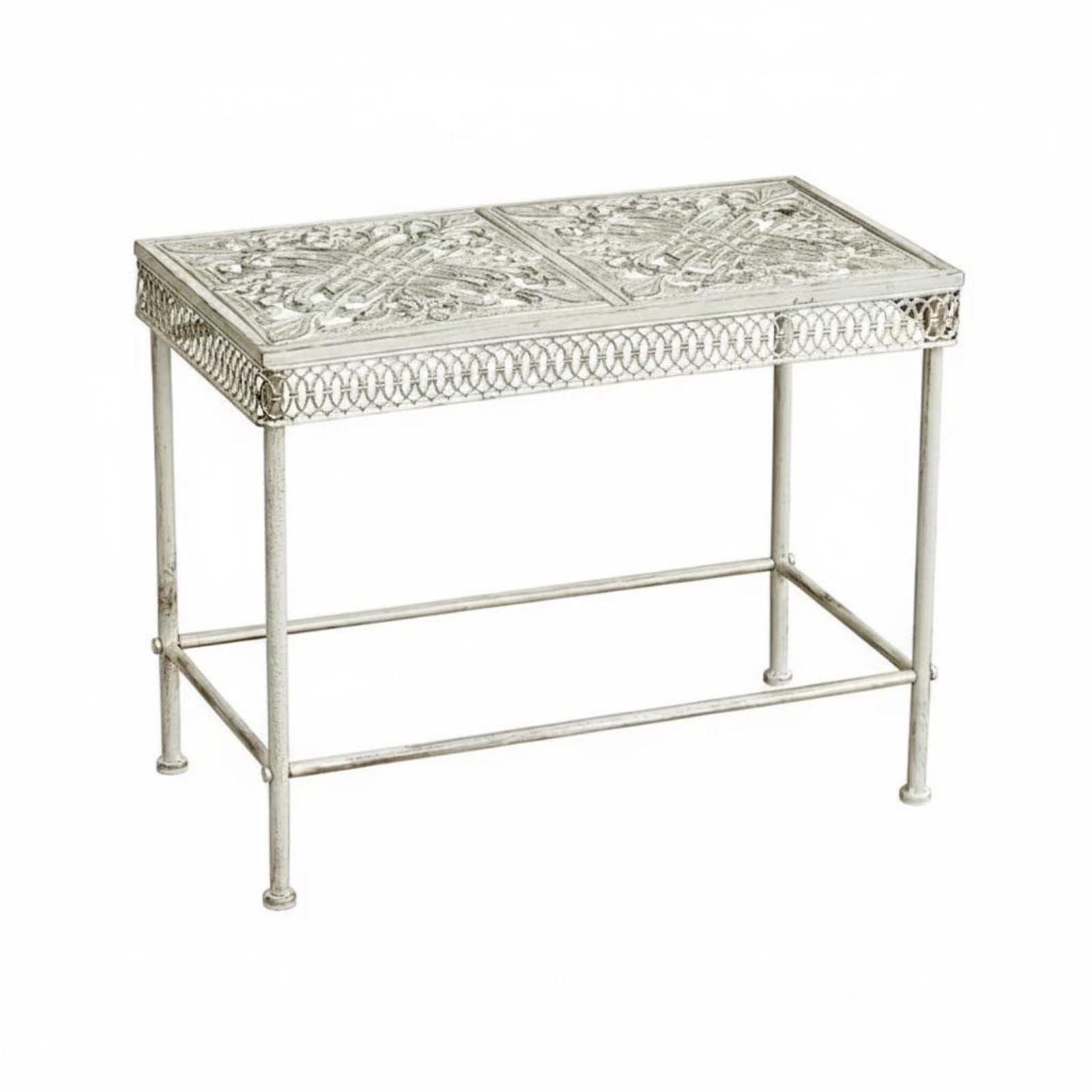 Présentoir Extérieur Support Plantes Étagère Table Jardin en Fer Forgé à Finition Vieillie Antirouille pour Pots et Livres Adapté Cour Terrasse Jardin Maison, Blanc