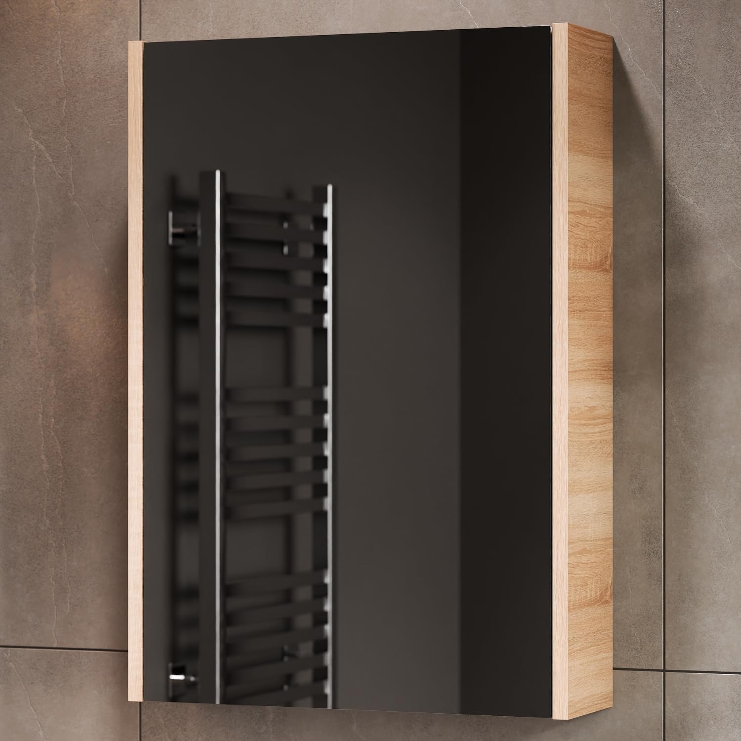 Planetmöbel Szafka łazienkowa z lustrem 50 cm, Meble łazienkowe, Szafka z drzwiami i 2 półkami szklanymi, 47,6 x 67,6 x 13,8 cm, dąb Sonoma