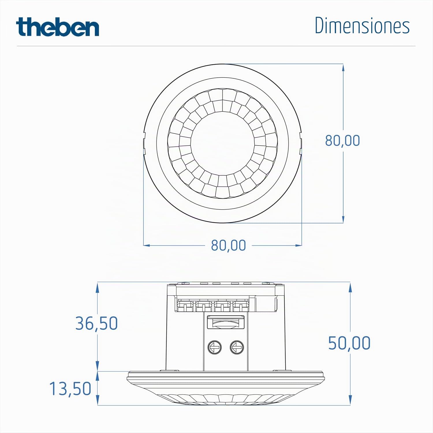 Theben 1030052 LUXA 103 S360-100-12 DE-UP WH Detector de Presencia 360° PIR | empotrado en techo, 12 m, 1 canal, 400 W LED, IP54, 15 s-30 min, medición de luz mixta, mando a distancia, Teach-in, blanco