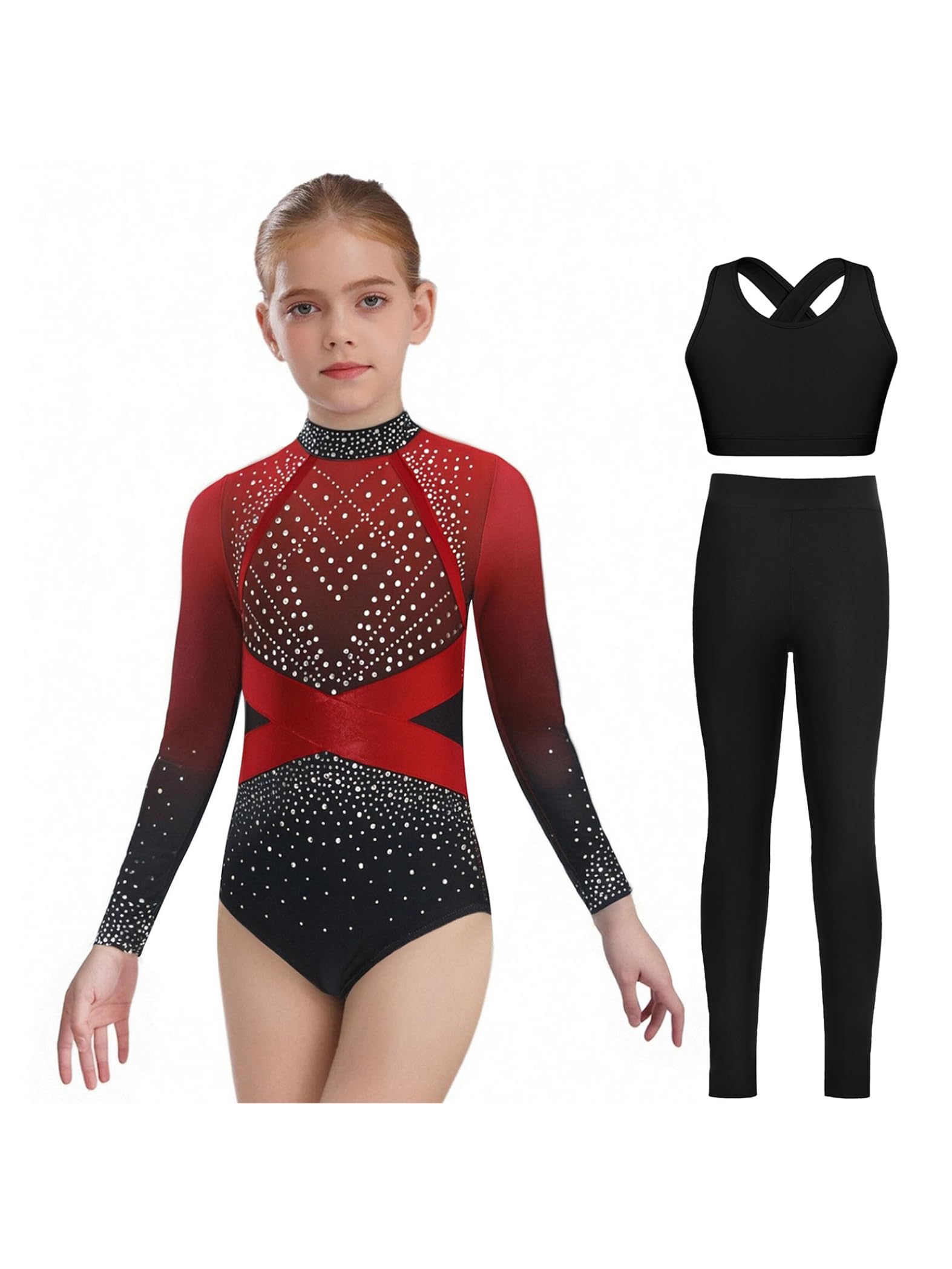 Piezas De Traje De Gimnasia Con Destellos Para Niñas Leotardos De Gimnasia De Manga Larga Tops De Deporte Brasier Y Pantalones Traje De Baile Para