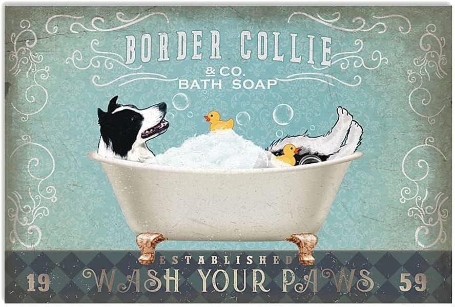 SitrMGH Border Collie Puppies On The Bathroom Retro Metal Tin Sign Wall Decor Vintage Sign for Home Kitchen Cafe Bar Restaurant 8x12 inch