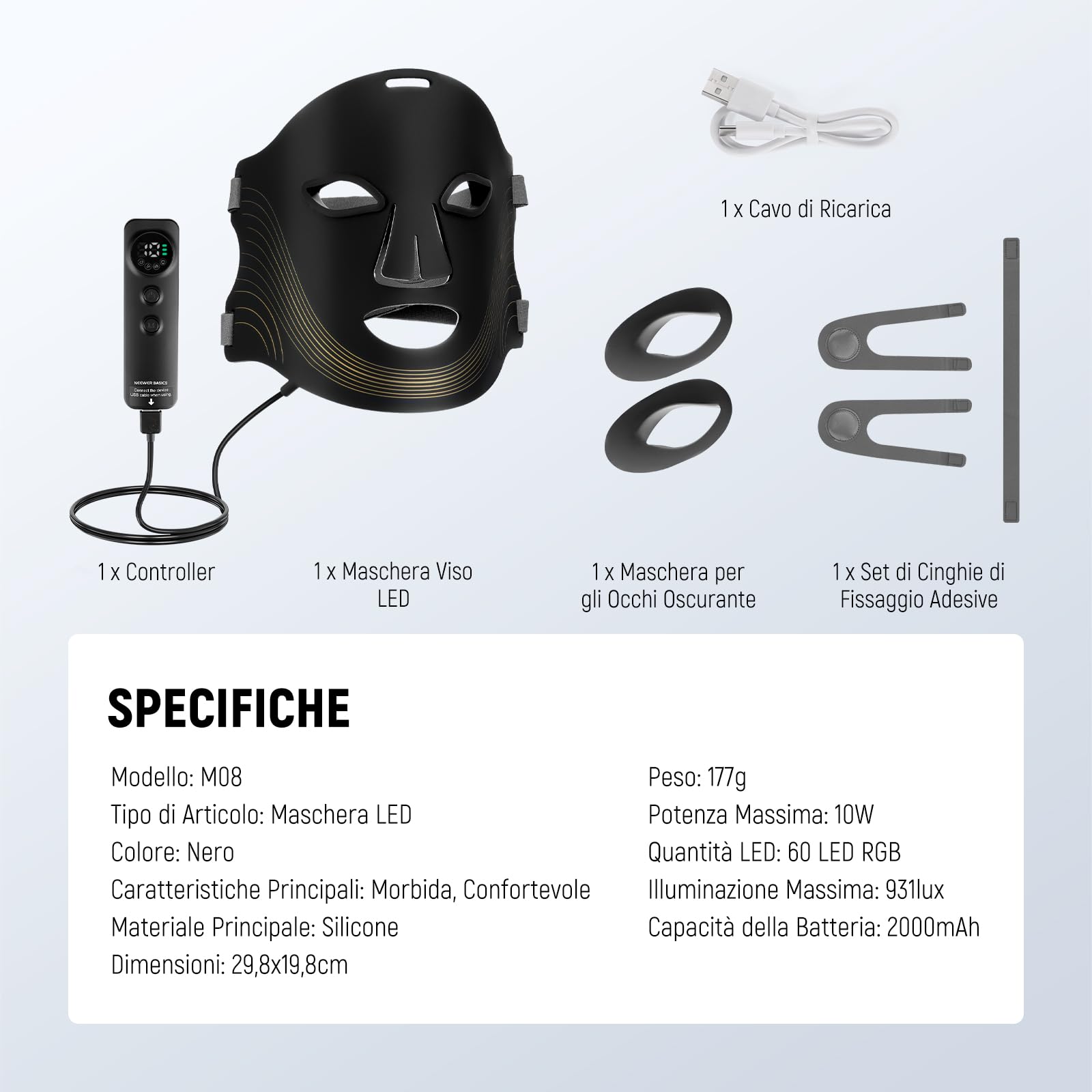 NEEWER BASICS Maschera LED Viso Terapia Luce con 7 Modalità, Timer con Pannello Luce Rossa e Blu, Beauty Mask LED Ricaricabile in Silicone per Cura della Pelle Faccia a Casa e in Viaggio, M08