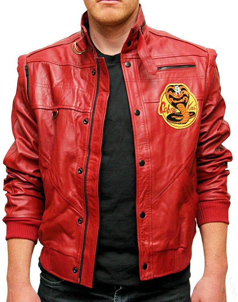Aksah Fashion Boys Real Leather Cobra Kai The Karate Kid Johnny Lawrence Bomber Red Leather Jacket Men