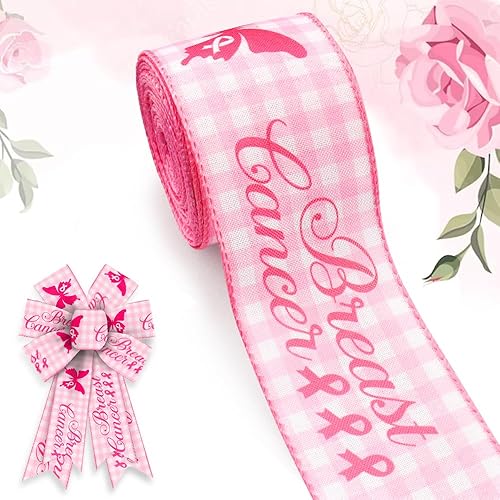 Miniatura 6 de ALIBBON Cinta de tela de arpillera de 2.5 pulgadas x 10 yardas para la concienciación del cáncer de mama, cinta rosa para combatir el cáncer, cintas