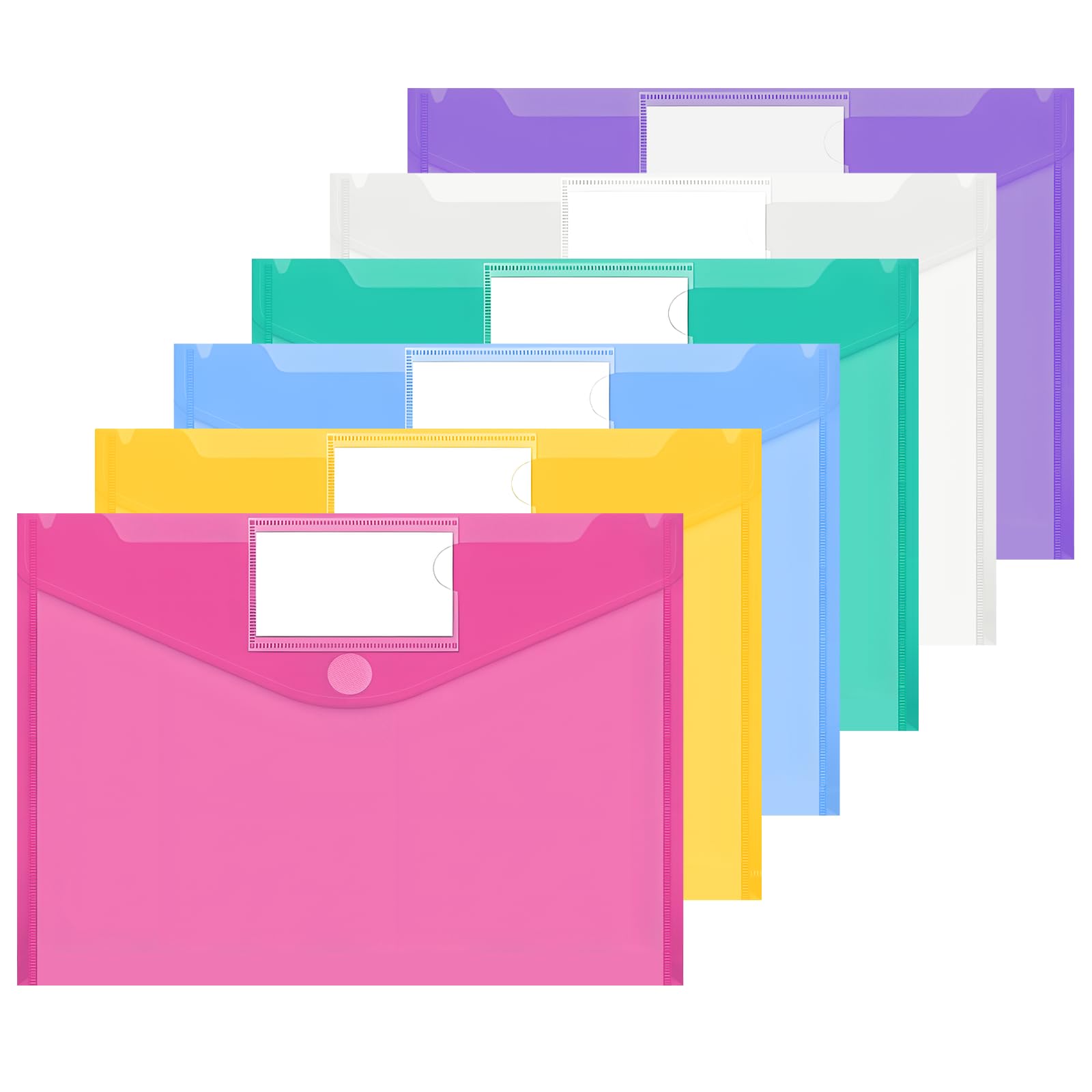 JEFURE A4 Plastic Wallets 6PCS, Waterproof Plastic File Folders, Document Folder Wallets with Label Pocket for Document and Office Supplies Organization, 6 Colors