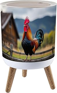 Trash Can with Lid Rooster Pose Feathers Colorful Plumage Fence Farmhouse Realistic Vivid Press Top Round Small Garbage Bin with Wooden Legs Waste Basket for Bathroom Bedroom Nursery 7L/1.8 Gallon