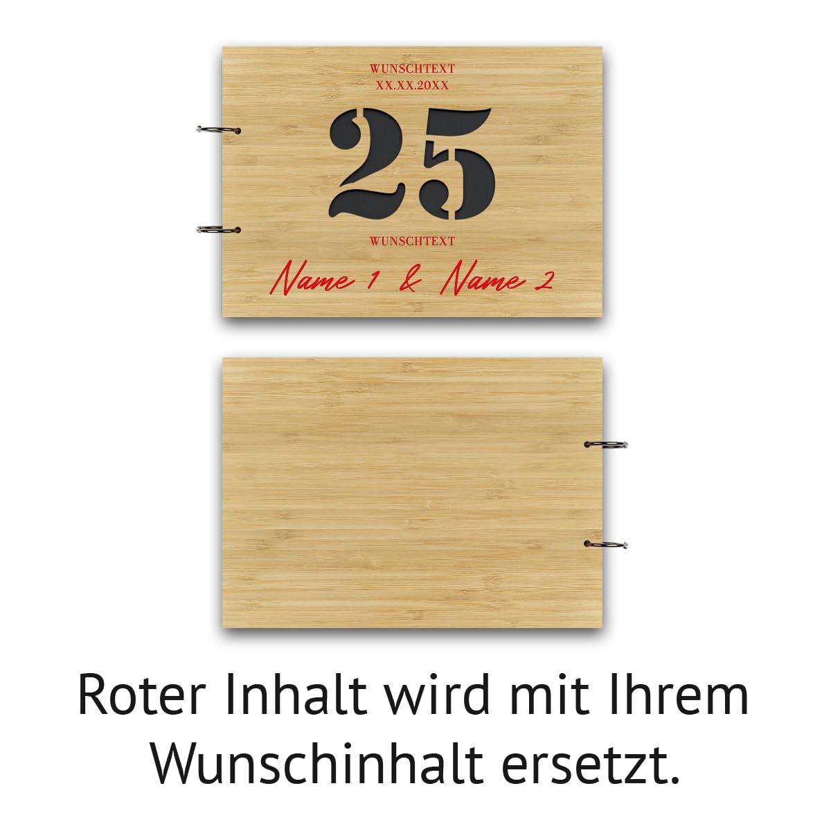 Personalisiertes Silberhochzeit Fotoalbum aus echtem Holz selbst gestalten - 25 Jahre Stanze - mit 25 Blatt / 50 Seiten Fotokarton Schwarz