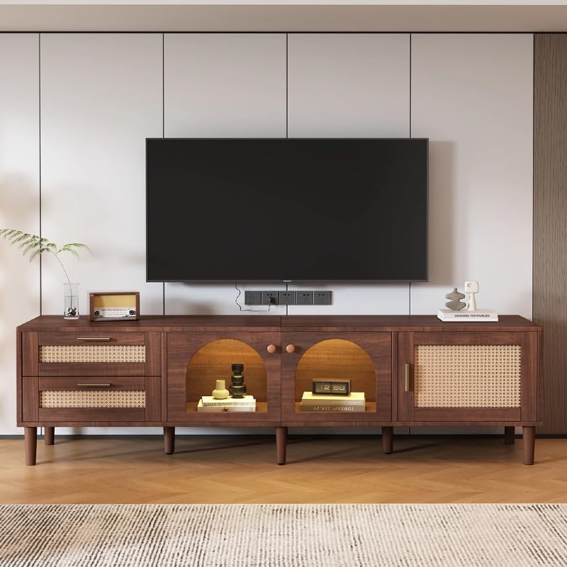Virubi 71'' LED TV Stand, Boho Entertainment Center with 3 Doors & 2 Drawers, Modern TV Console Table with Rattan Decor, Walnut Media Console for TVs Up to 80'', LED TV Cabinet for Living Room