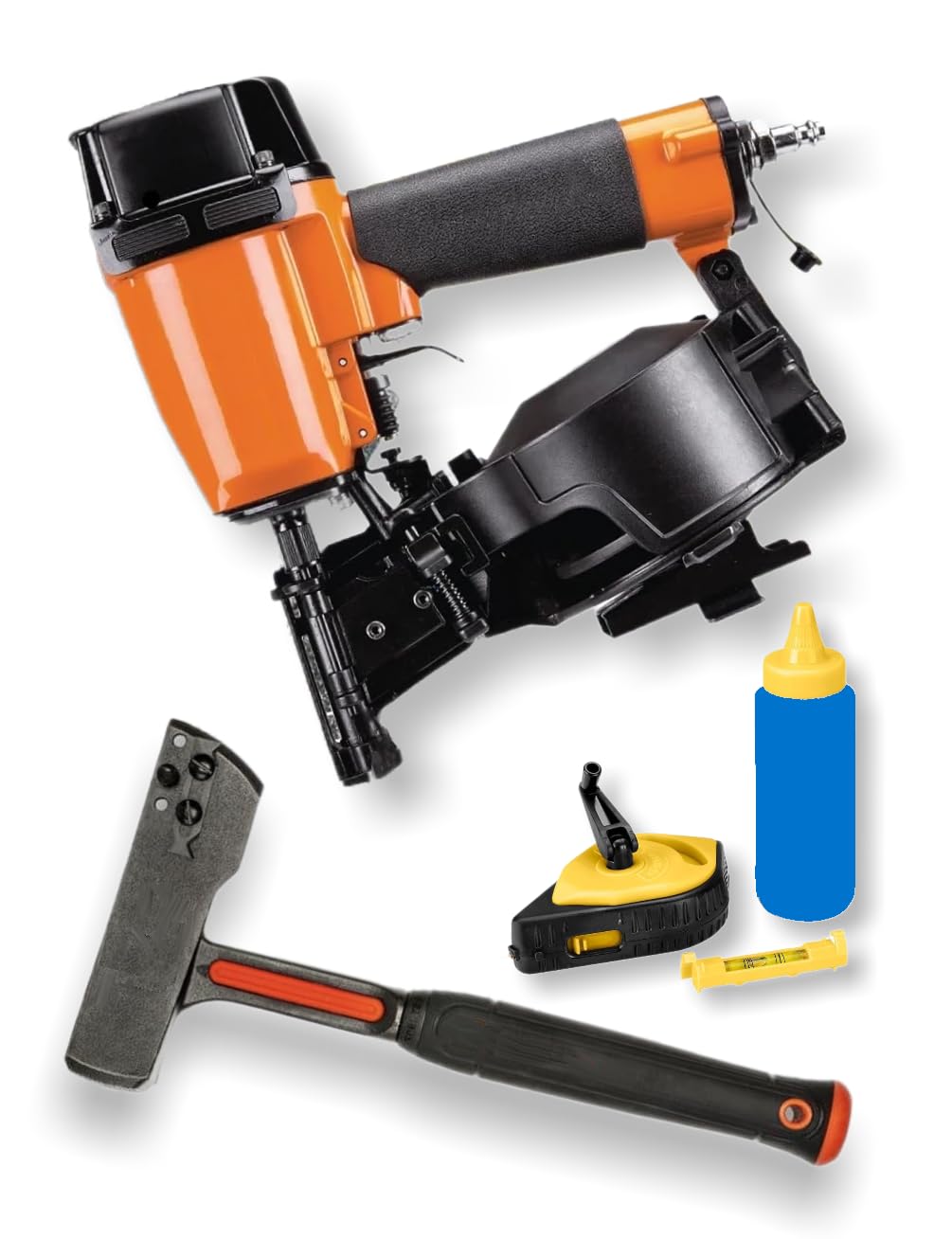 Fits PIERCE 15° PRC-RF Professional Coil Roofing Nailer with CRESCENT Steel Shingle Hammer and Fits PITTSBURGH Blue Chalk Line Reel Set