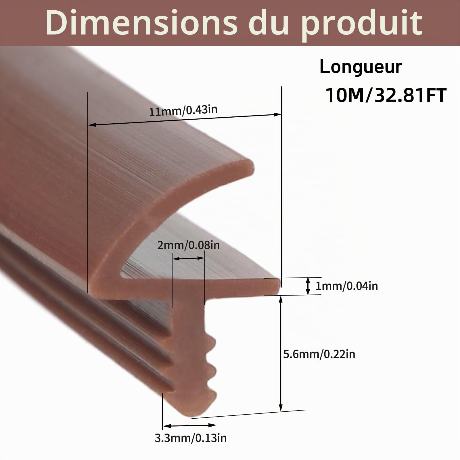 Joint de porte intérieur, joint de porte en silicone, joint en caoutchouc pour rainure de 3 mm et pli de 11 mm (Marron, 10 mètres)