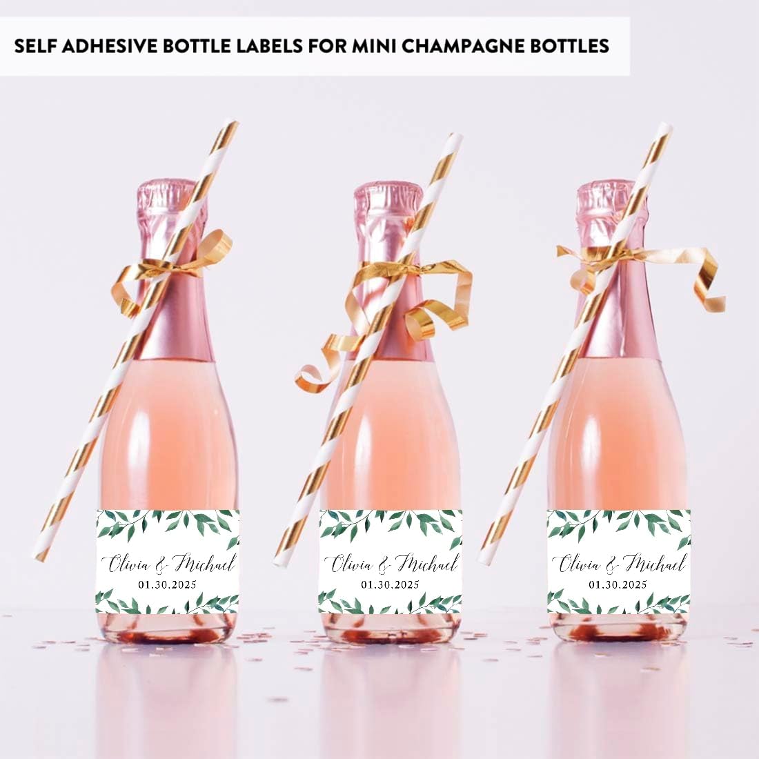 Andaz Press Personalized Wedding Mini Wine Labels - Greenery Green Leaves 20-Pack Bulk Waterproof Mini Wine Bottle Labels for Champagne Bottles