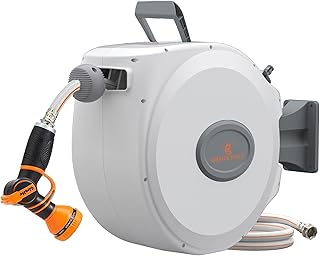 Giraffe Tools Hose Reel CW20 with 9 Adjustable Sprayer Nozzle 5/8 in. x 65 FT Water Hose Retractable Garden Hose Reel, Wall Mounted Hose Reel with 180 Swivel Bracket