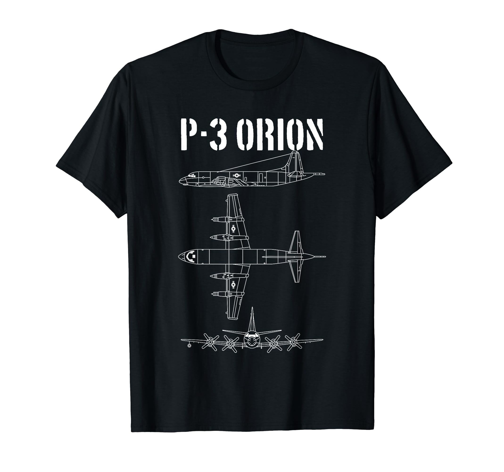 THE SALTY VETERANP-3 Orion Military Airplane Schematic Orion Pilot Unisex-Adults Black Cotton T-Shirt
