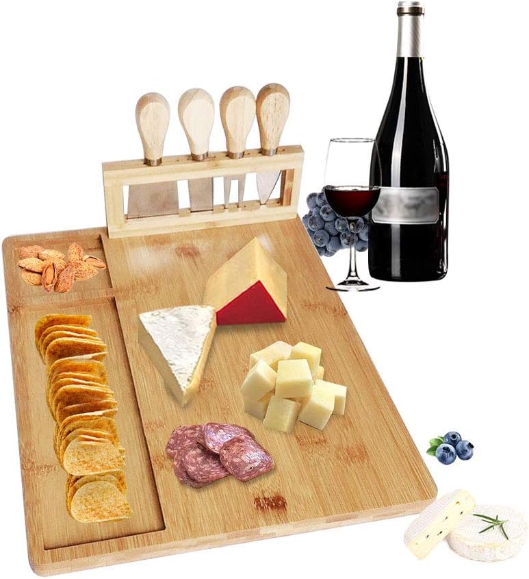 ZEENEEKCutting Board, Serving Tray, With Stainless Steel Cutlery Set Bamboo Racks Boards Platter Chooping for Breakfast Fruit Charcuterie Food Vegetable Cheese for Home Kitchen Resturant