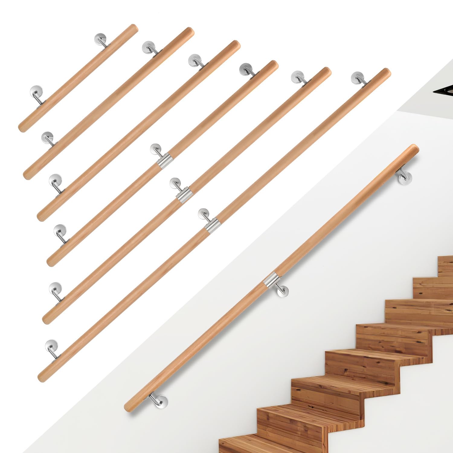 Main courante hêtre 150 cm Ikodm pour montage latéral d'escalier intérieur et couloir