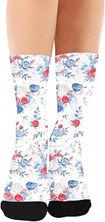 Calcetines gruesos de color rojo, azul y blanco con diseño floral de rosas para hombre (1 par), Rojo Azul Blanco Rosas Floral Patrón Acuarela Vintage, talla única