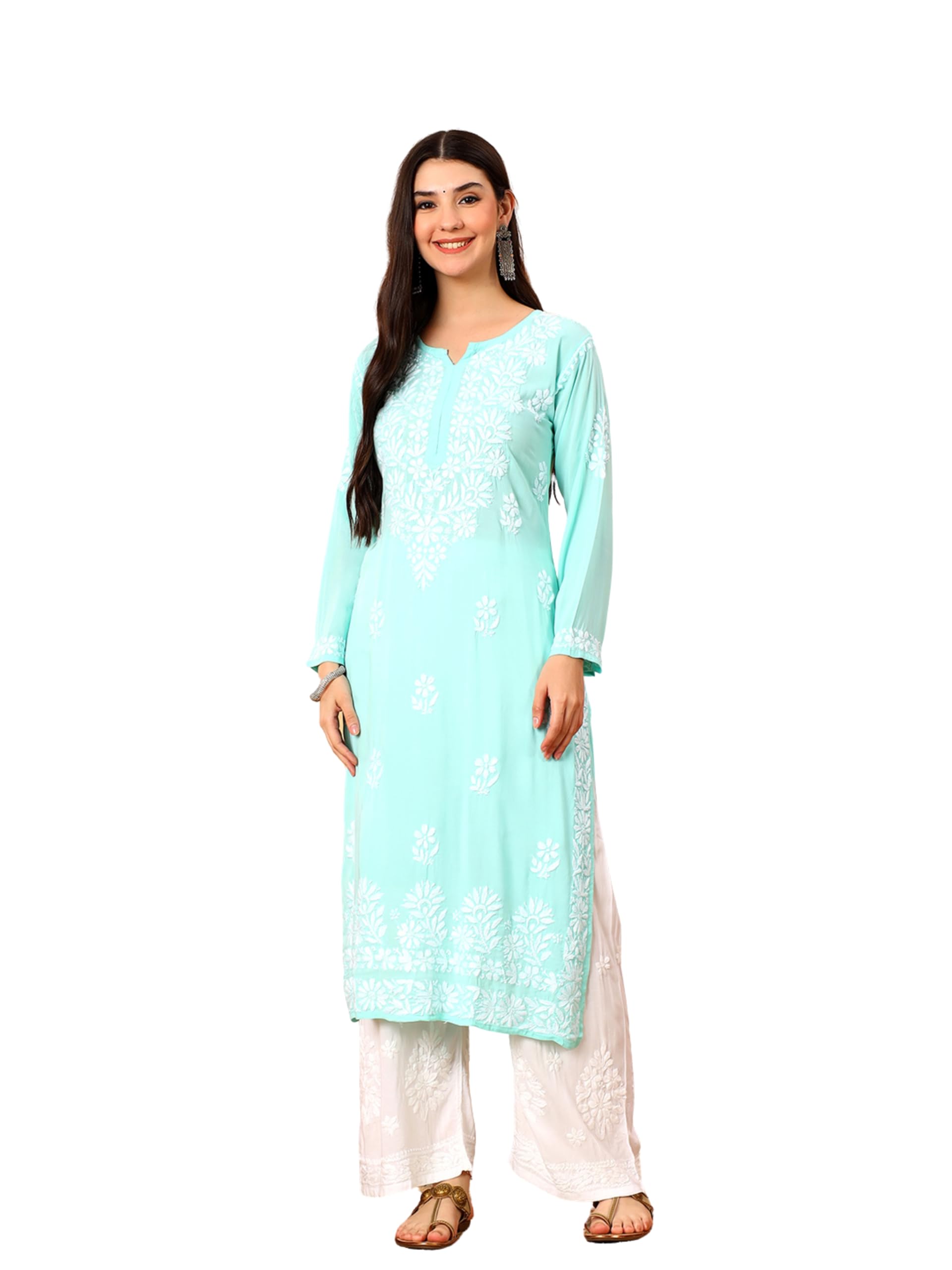 poshak chikan studio Women's Hand Embroidered Lucknowi Chikankari Modal Long Straight Kurta-picture-57